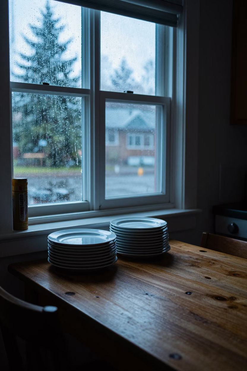 Early Morning Seattle Kitchen Scene with Stacked Plates and Linen Runner in in Seattle, Washington, United States