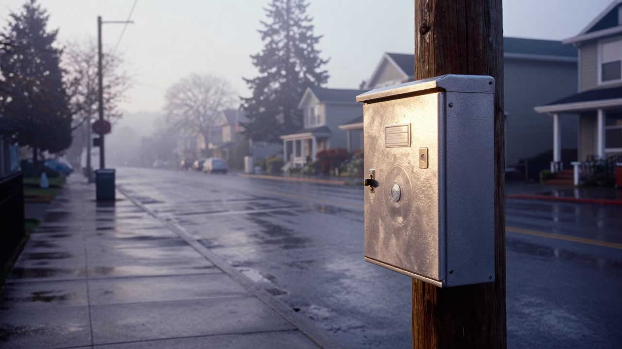Early Morning Seattle Lockbox and Rain-Slicked Street Before Dawn in in Seattle, Washington, United States