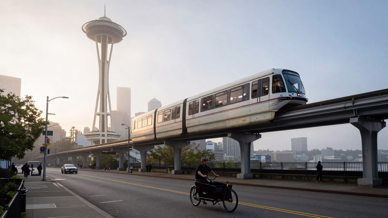 Early Morning Seattle Monorail View and Cargo Bicycle on Wet Street in in Seattle, Washington, United States