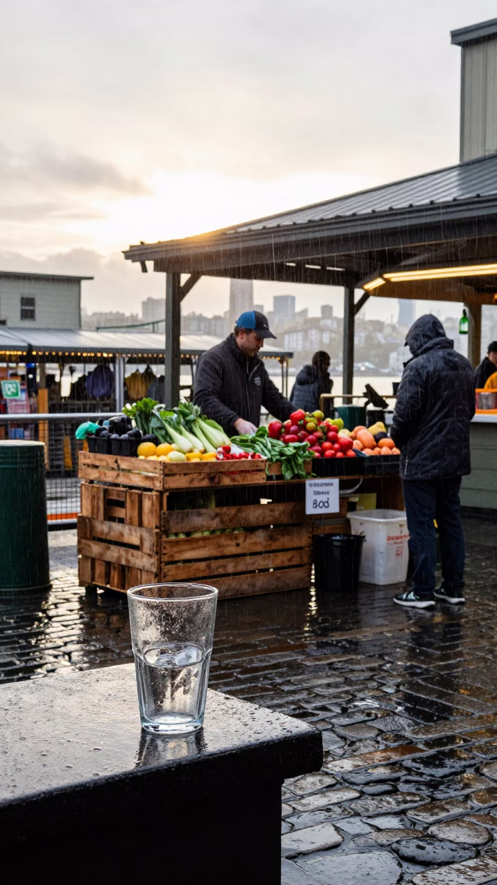 Early Morning Seattle Rain and Glass Tumbler on Pike Place Market Stall in in Seattle, Washington, United States