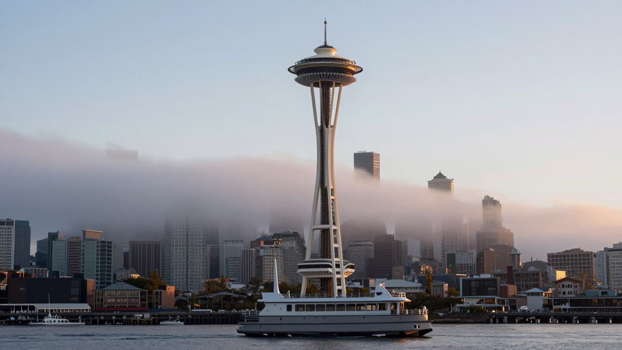 Early Morning Seattle Space Needle View with Floatplane on Lake Union Water in in Seattle, Washington, United States
