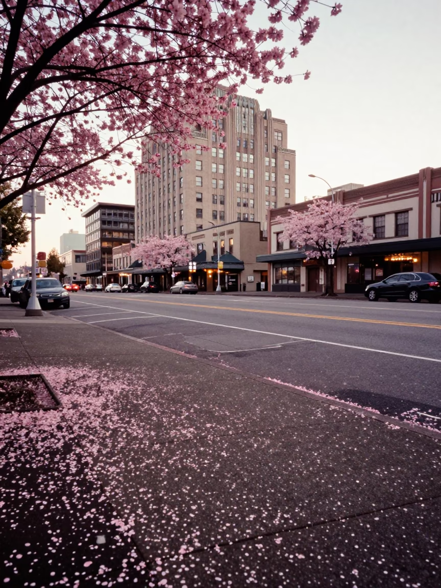 Early Morning Seattle Street Scene with Art Deco Hotel Facade and Falling Petals in in Seattle, Washington, United States
