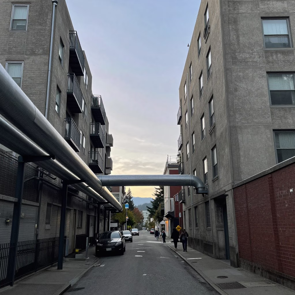 Early Morning Seattle Street Scene with District Heating Pipes and Urban Apartment Blocks in in Seattle, Washington, United States