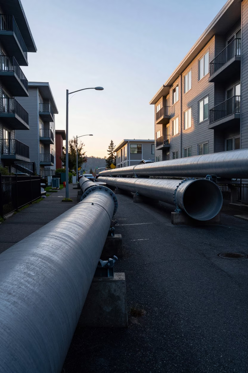 Early Morning Seattle Street Scene with District Heating Pipes Between Apartment Blocks in in Seattle, Washington, United States