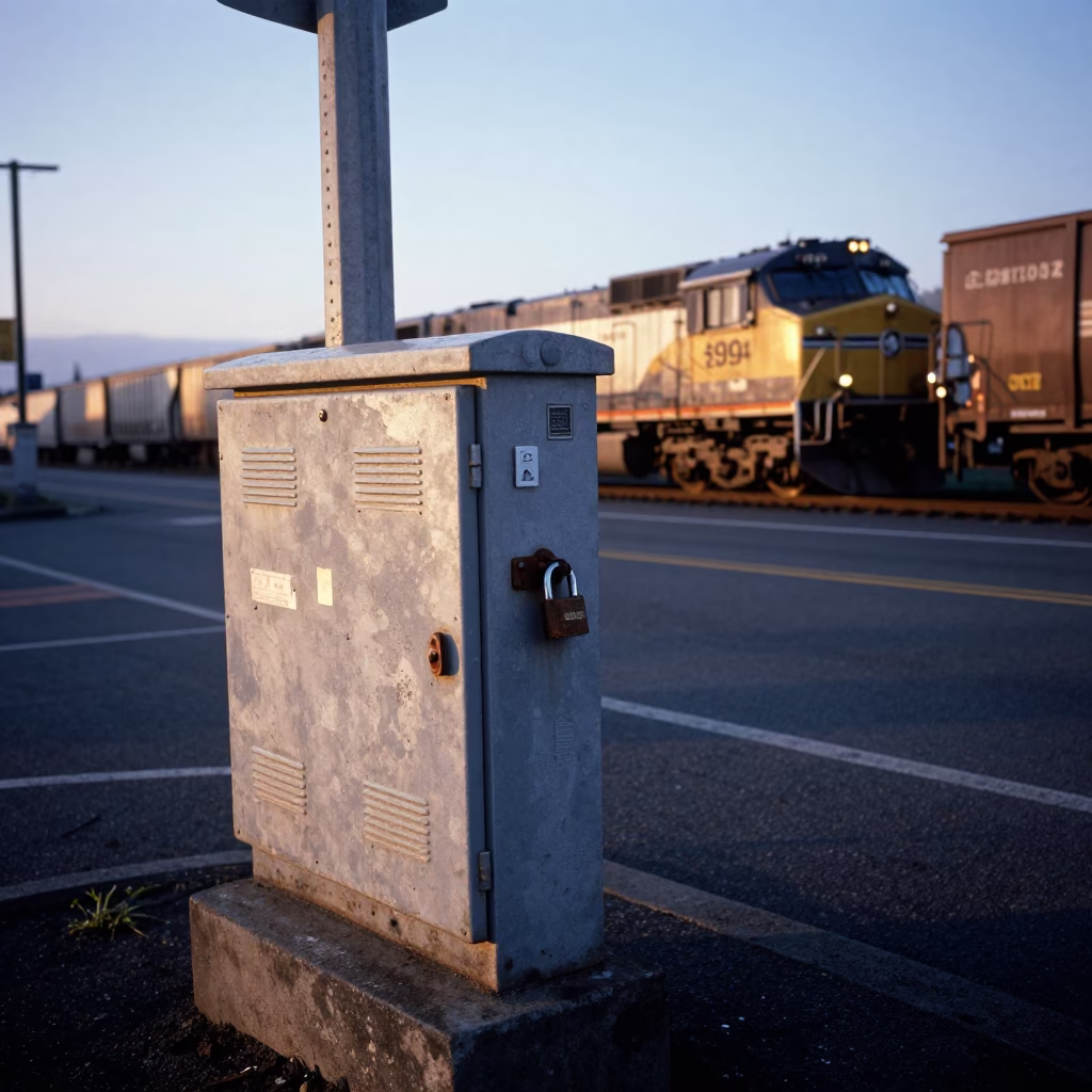 Early Morning Seattle Street Scene with Freight Train and Vintage Padlock Detail in in Seattle, Washington, United States