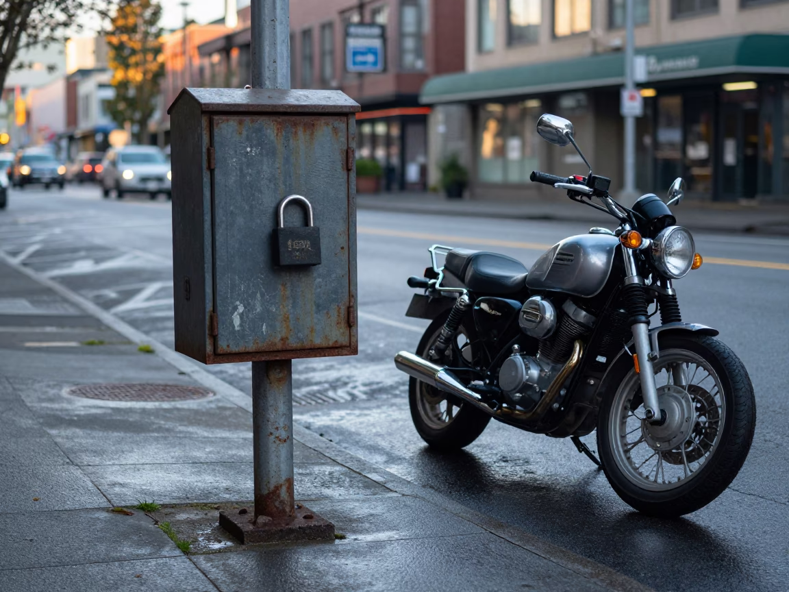 Early Morning Seattle Street Scene with Motorcycle and Padlock on Urban Sidewalk in in Seattle, Washington, United States