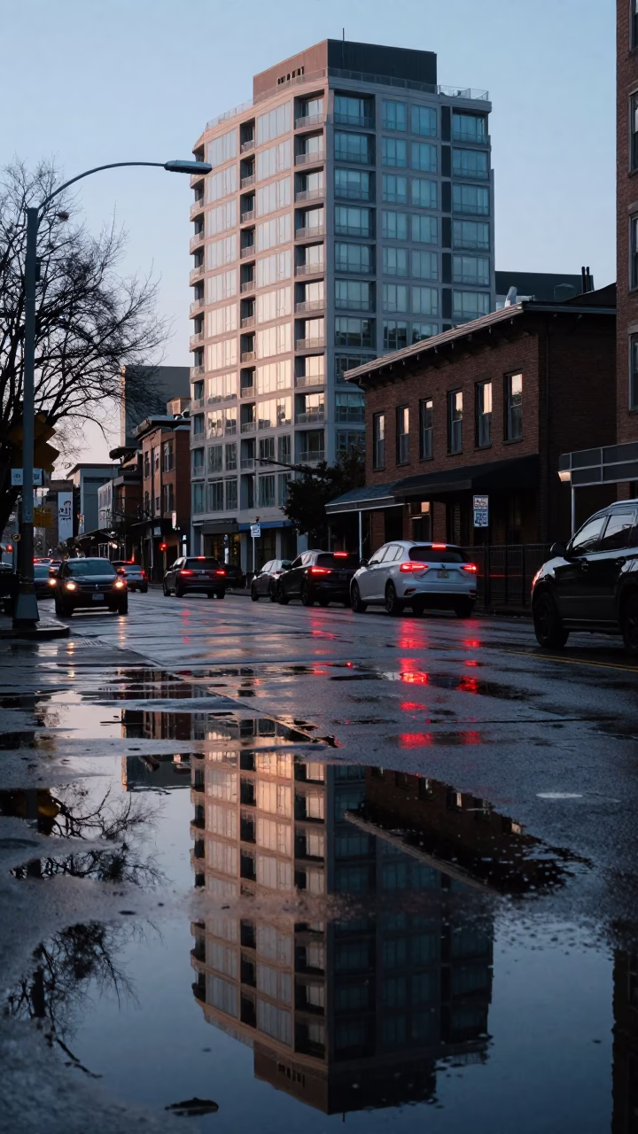Early Morning Seattle Street Scene with Puddle Reflections of Hotel Windows and Tail Lights in in Seattle, Washington, United States