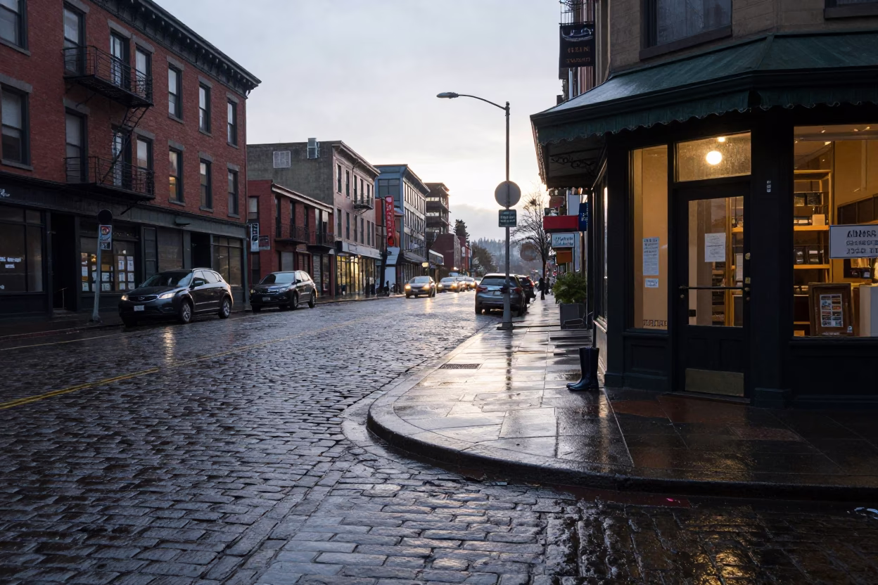Early Morning Seattle Street Scene with Rain Boots and Window Dust in in Seattle, Washington, United States