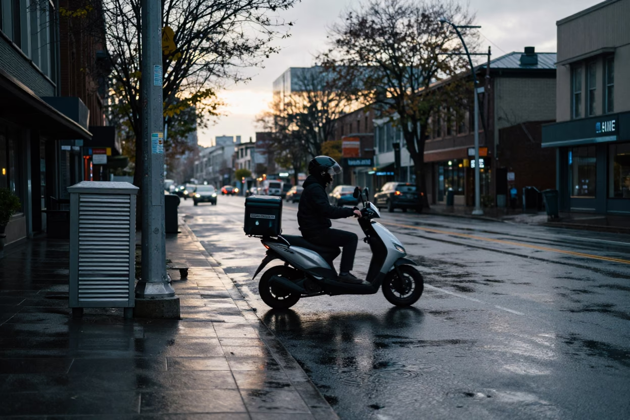 Early Morning Seattle Street Scene with Scooter and Metal Bucket in Rain in in Seattle, Washington, United States