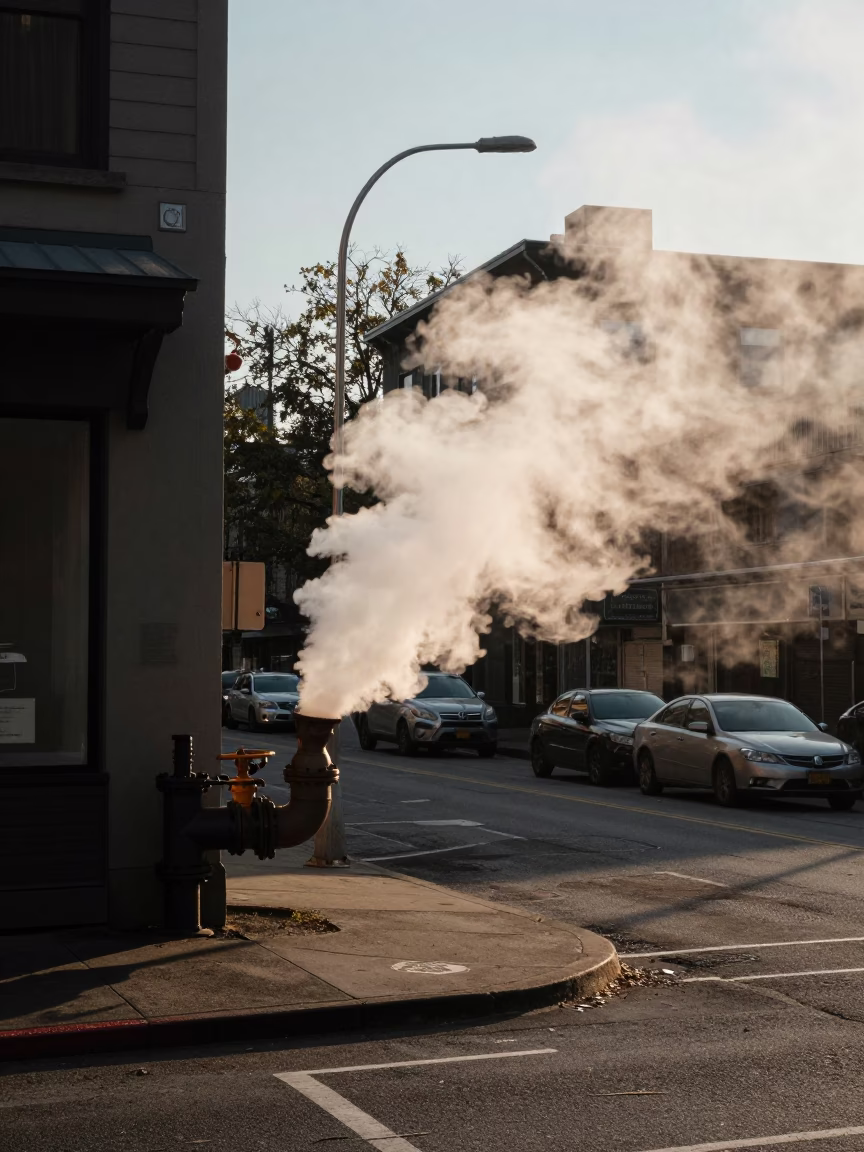 Early Morning Seattle Street Scene with Steaming District Heating Pipe and Frost in in Seattle, Washington, United States