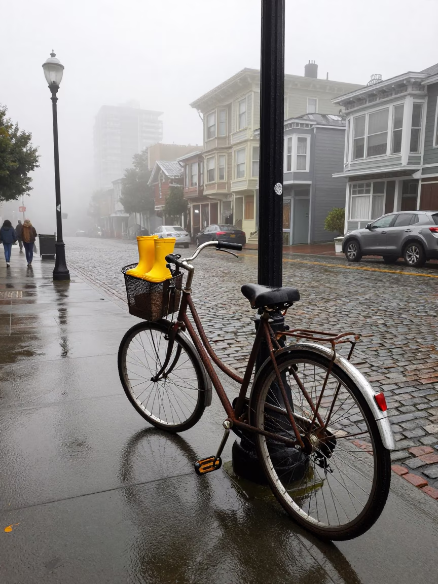 Early Morning Seattle Street Scene with Vintage Bicycle and Rain Boots in in Seattle, Washington, United States