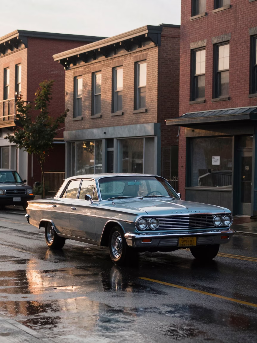 Early Morning Seattle Street Scene with Vintage Car and Rain-Slicked Pavement in in Seattle, Washington, United States