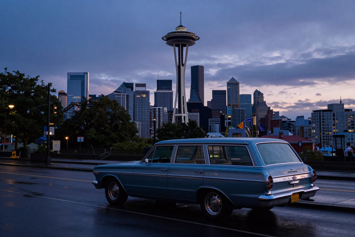 Early Morning Seattle Street Scene with Vintage Car and Urban Architecture in in Seattle, Washington, United States