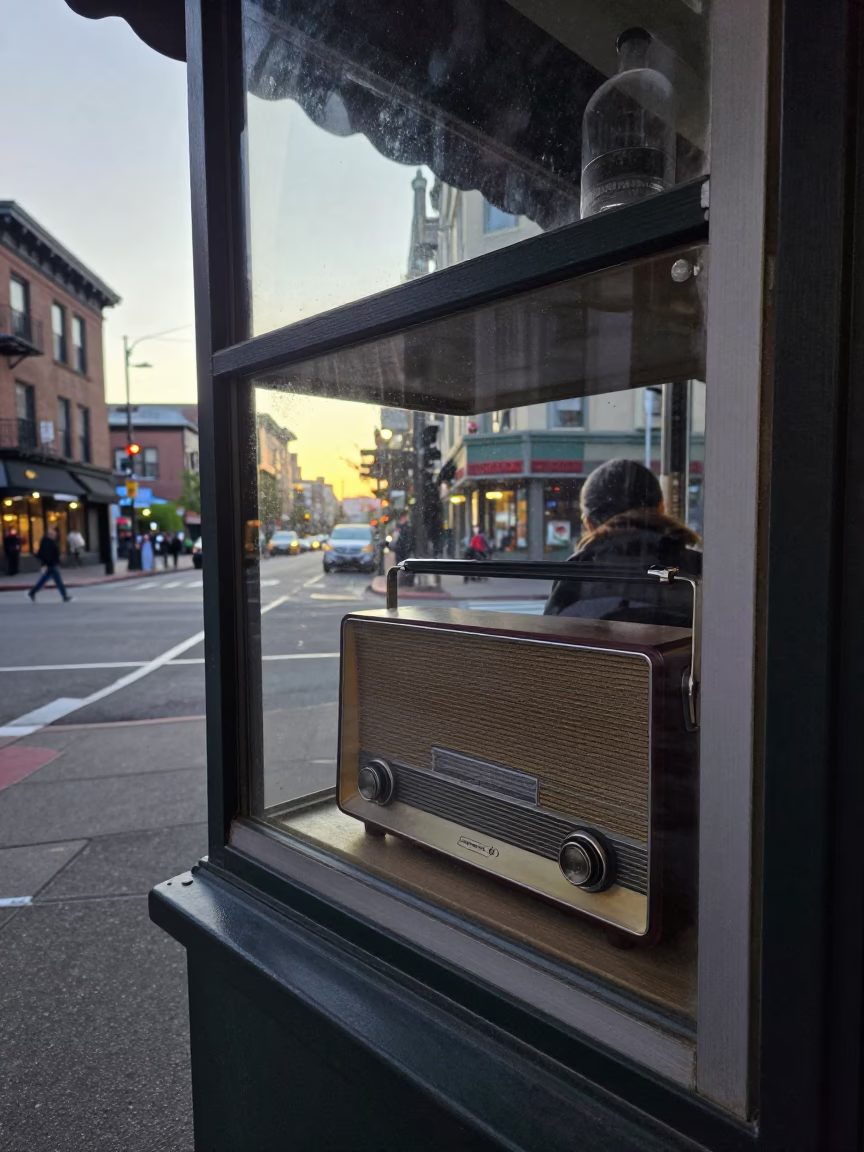 Early Morning Seattle Street Scene with Vintage Radio and Coat Stand in in Seattle, Washington, United States