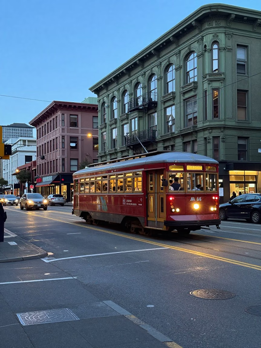 Early Morning Seattle Street Scene with Vintage Tram and Wet Flagstones in in Seattle, Washington, United States