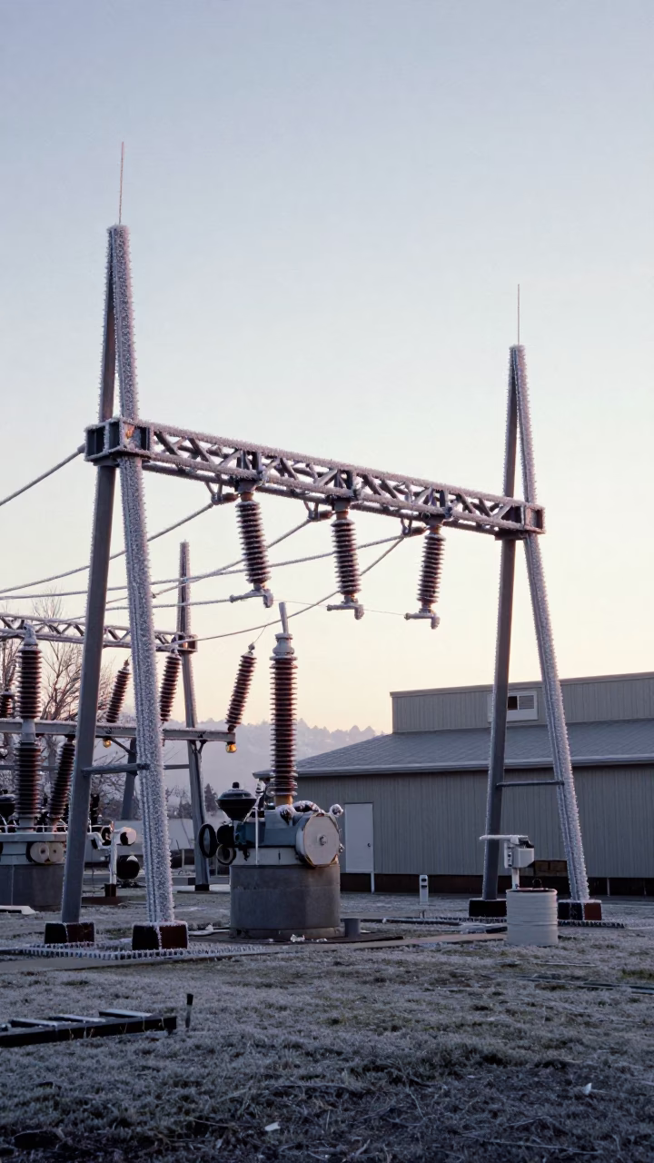 Early Morning Seattle Substation in Hoarfrost Before Sunrise in in Seattle, Washington, United States