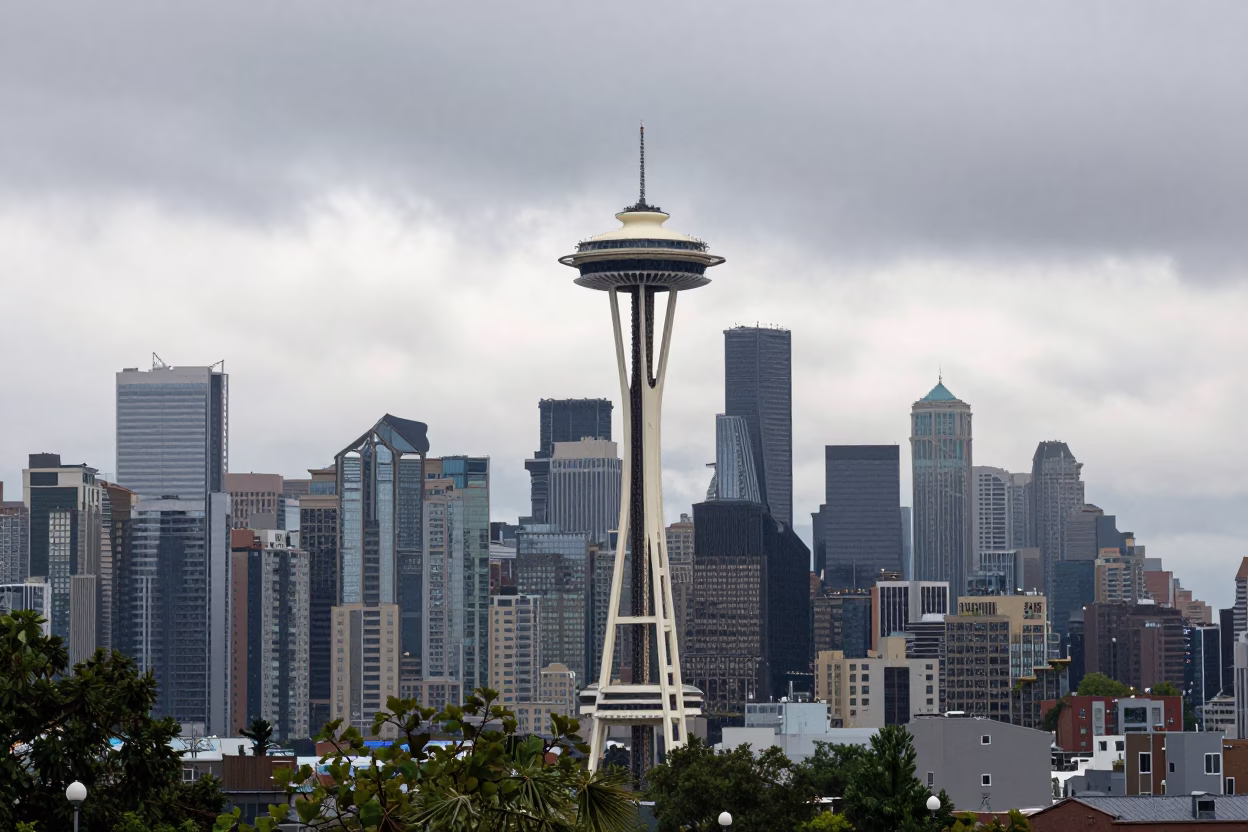 Early Morning Seattle Washington Skyline View with Rain and Urban Architecture in in Seattle, Washington, United States