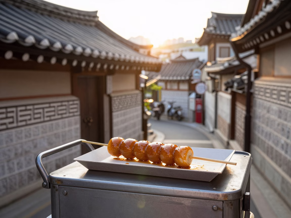 Early Morning Seoul Breakfast with Skewer of Dango and Vintage Radio in in Seoul, South Korea