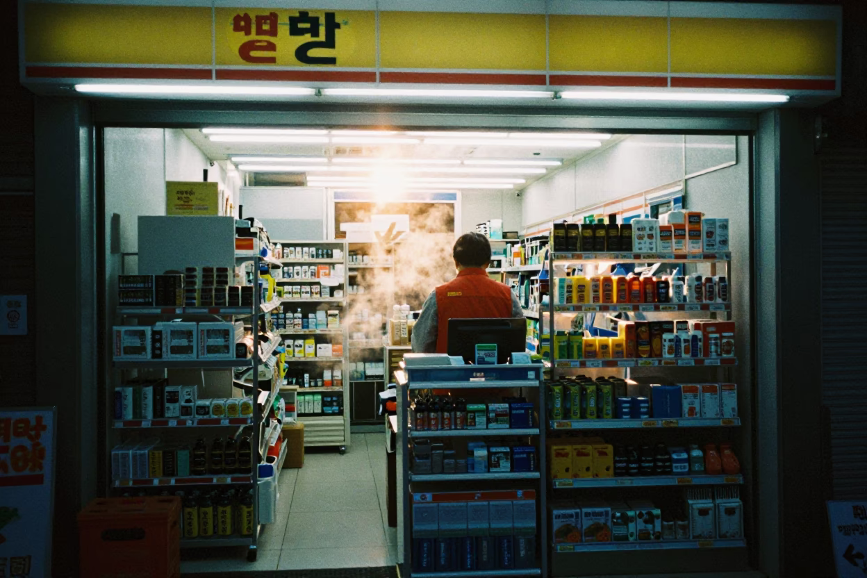 Early Morning Seoul Convenience Store Interior with Steam and Street View in in Seoul, South Korea