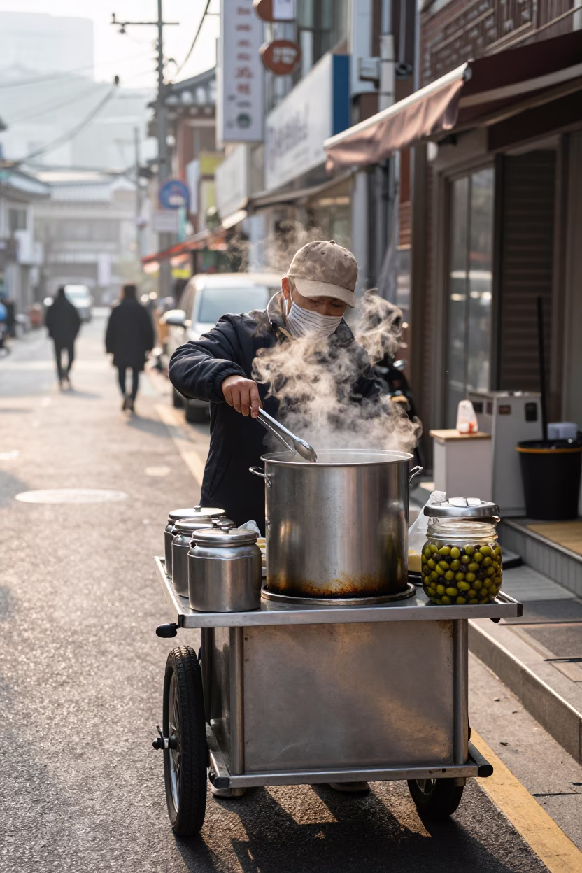 Early Morning Seoul Street Breakfast with Canisters and Olive Dish in in Seoul, South Korea
