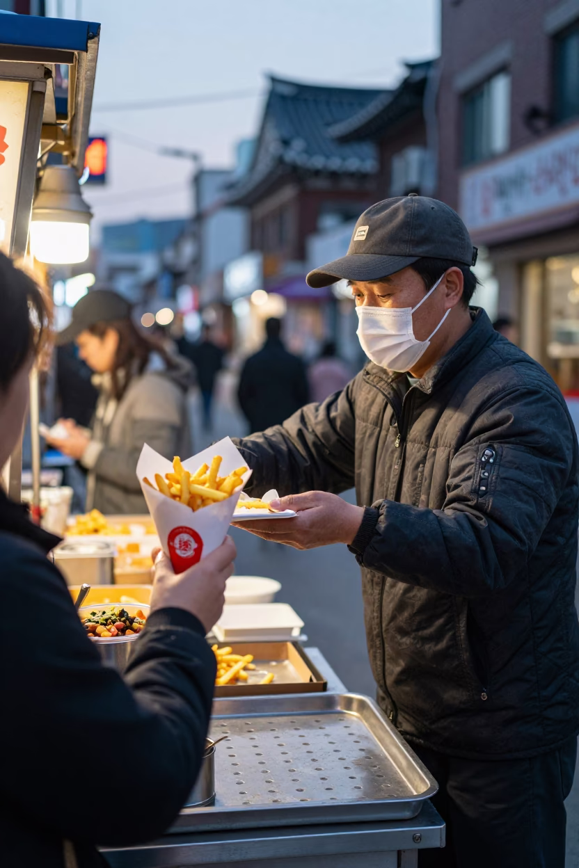 Early Morning Seoul Street Food Stall with Paper Cone of Belgian Frites and Mayonnaise in in Seoul, South Korea