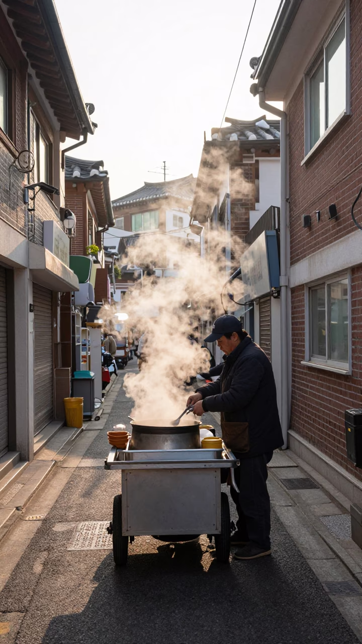 Early Morning Seoul Street Food Stall with Steam and Cooking Utensils in in Seoul, South Korea