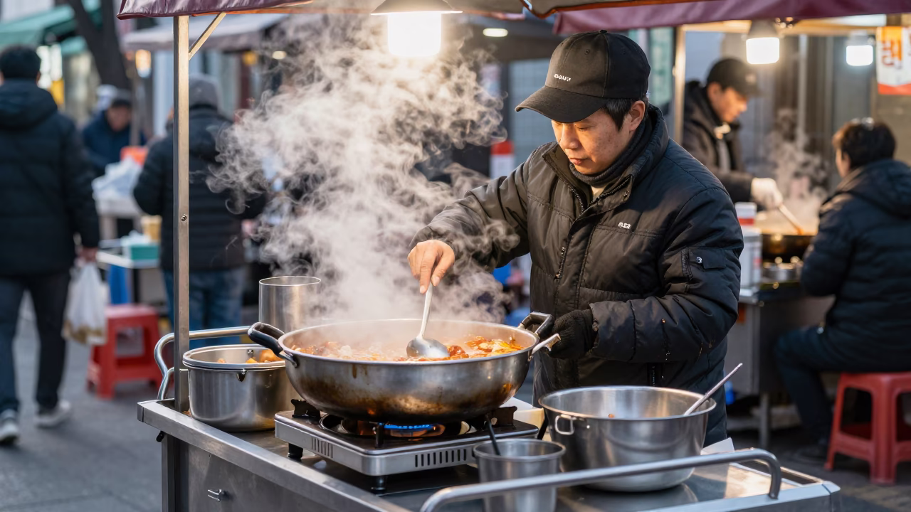 Early Morning Seoul Street Food Vendor with Bubbling Stew and Glassware in in Seoul, South Korea