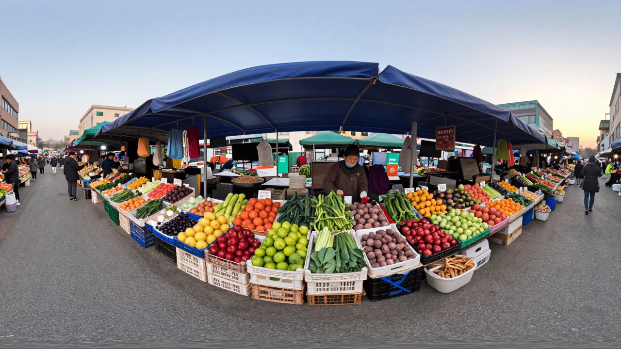 Early Morning Seoul Street Market Scene with Fruit Crates and Traditional Clothing in in Seoul, South Korea