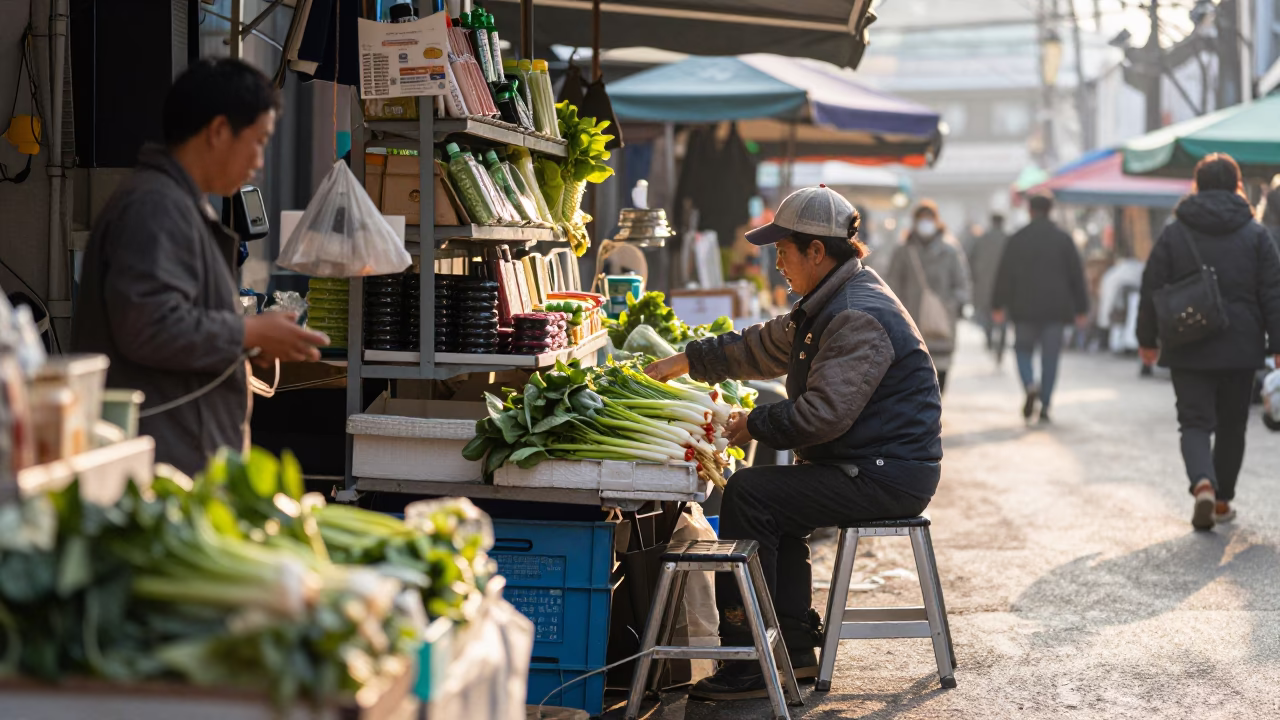 Early Morning Seoul Street Market Scene with Step Stool and Fresh Onions in in Seoul, South Korea