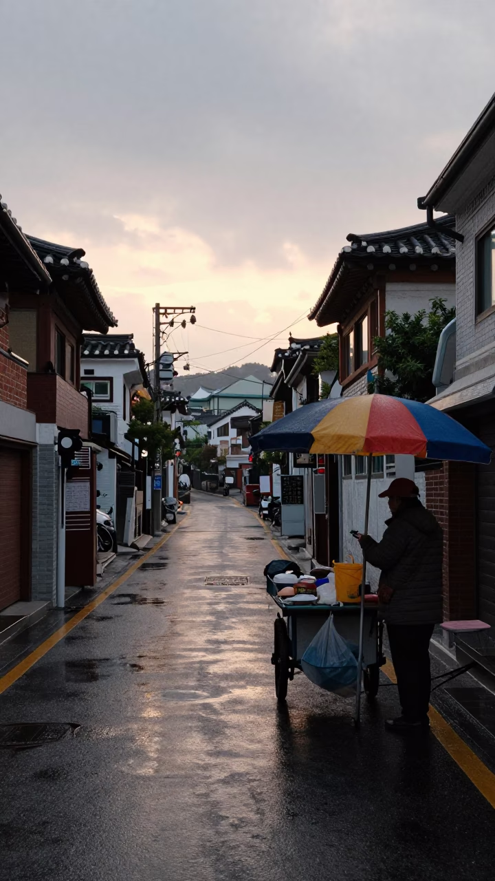 Early Morning Seoul Street Scene After Rain With Vendor And Umbrellas in in Seoul, South Korea