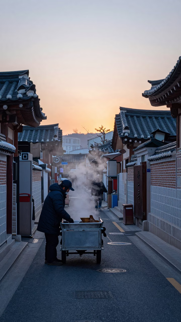 Early Morning Seoul Street Scene Before Sunrise with Traditional Korean Market Activity in in Seoul, South Korea