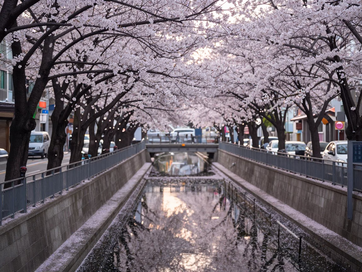 Early Morning Seoul Street Scene with Cherry Blossom Petals and Urban Canal Details in in Seoul, South Korea