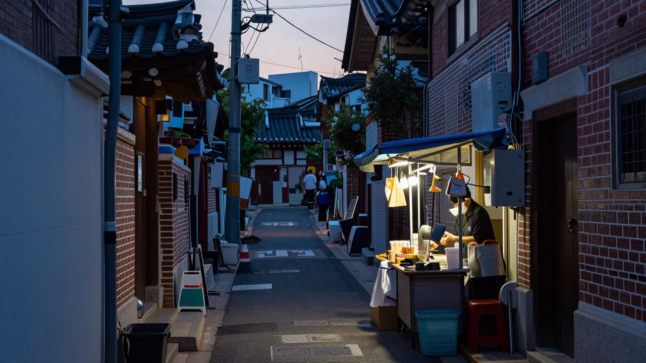 Early Morning Seoul Street Scene with Cup and Folding Stool at Nautical Dawn in in Seoul, South Korea