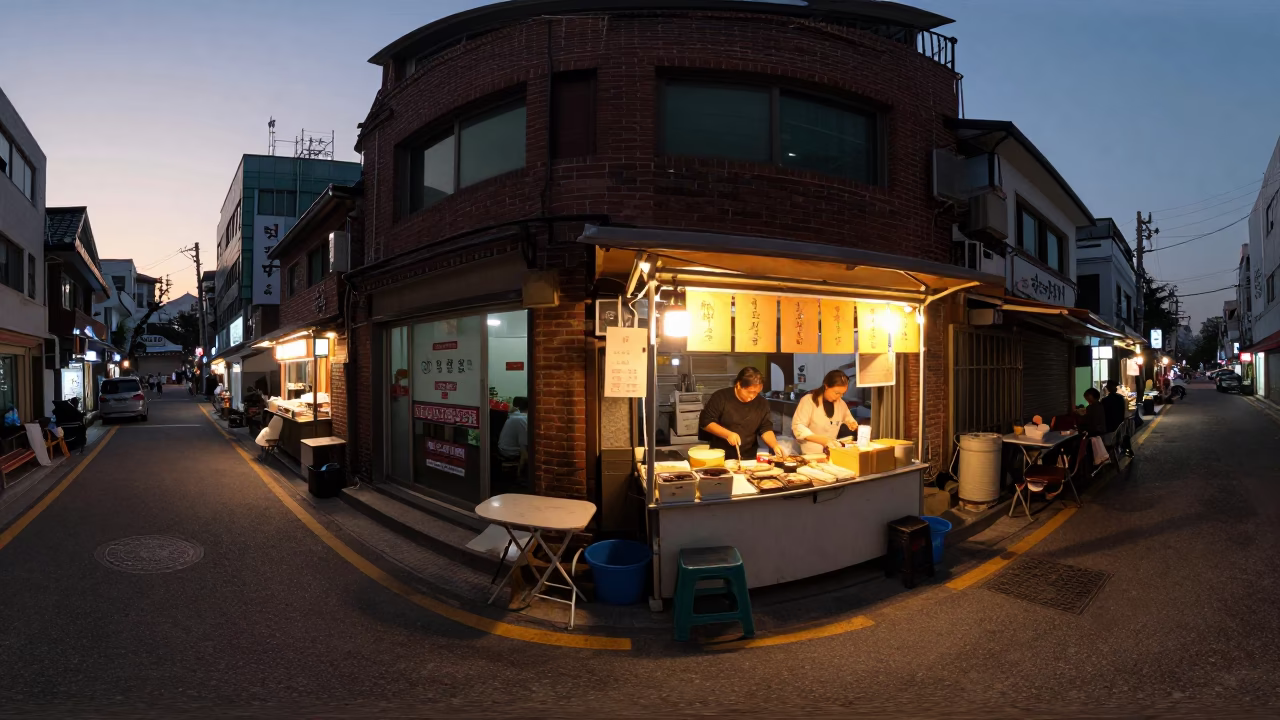 Early Morning Seoul Street Scene with Folding Tables and Lanterns Before Dawn in in Seoul, South Korea