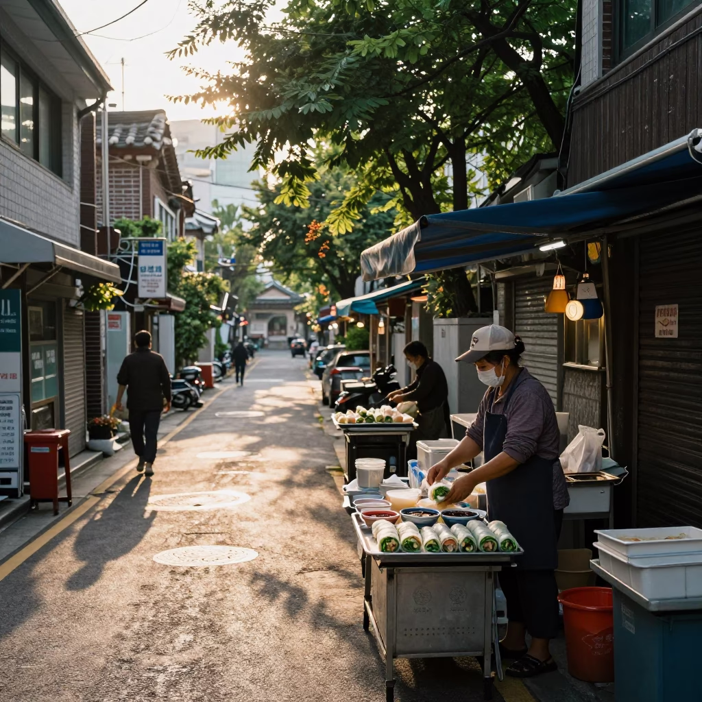 Early Morning Seoul Street Scene with Food Vendor and Traditional Korean Breakfast Items in in Seoul, South Korea