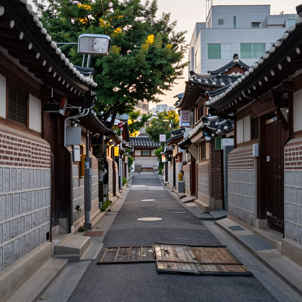Early Morning Seoul Street Scene with Hammered Metal Signage and Door Mats in in Seoul, South Korea