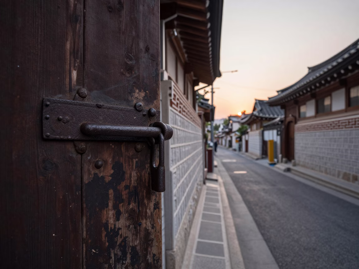 Early Morning Seoul Street Scene with Iron Deadbolt and Urban Architecture in in Seoul, South Korea