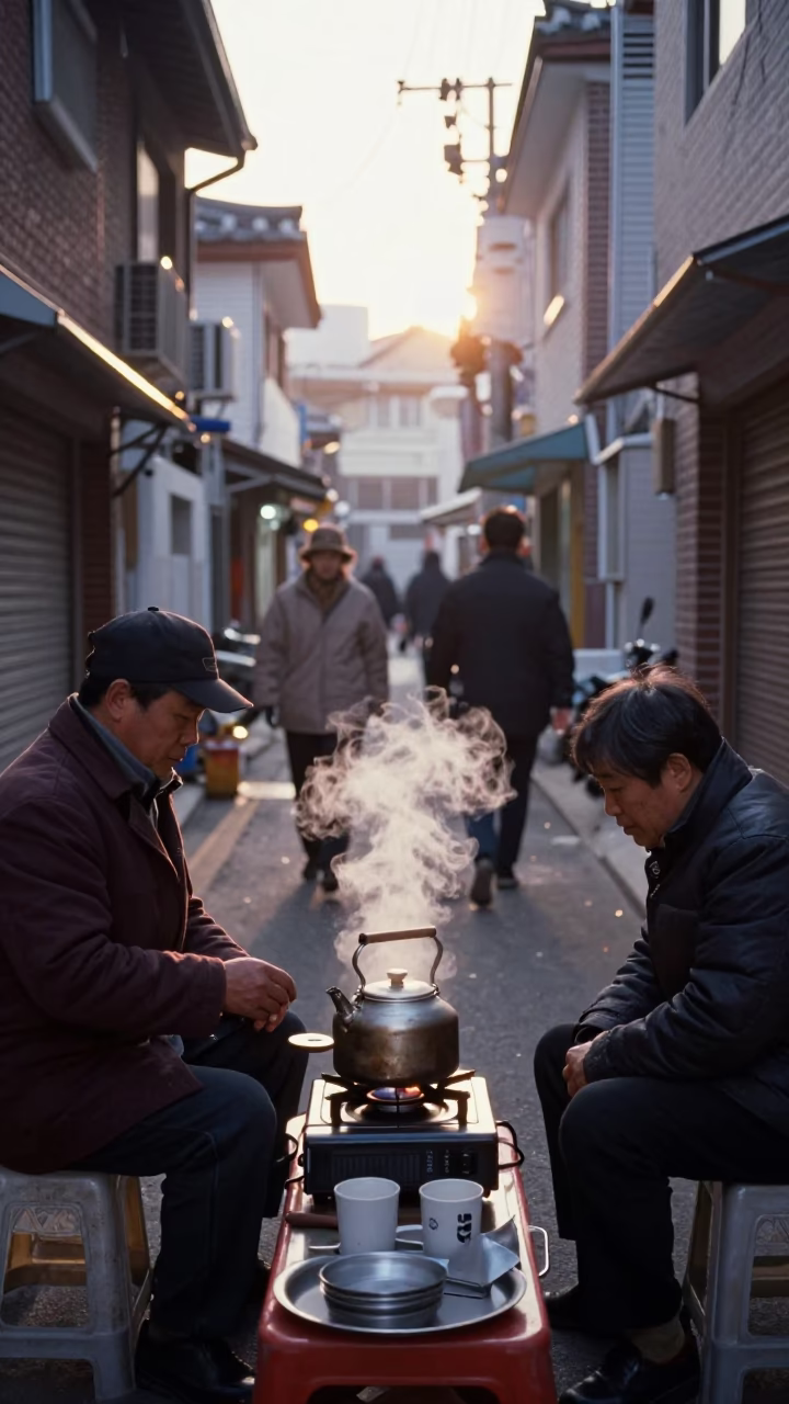 Early Morning Seoul Street Scene with Kettle and Mug Tree in Busy Alleyway in in Seoul, South Korea