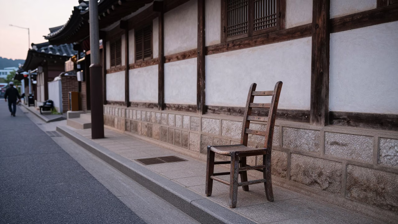 Early Morning Seoul Street Scene with Ladder-Back Chair and Traditional Korean Architecture in in Seoul, South Korea