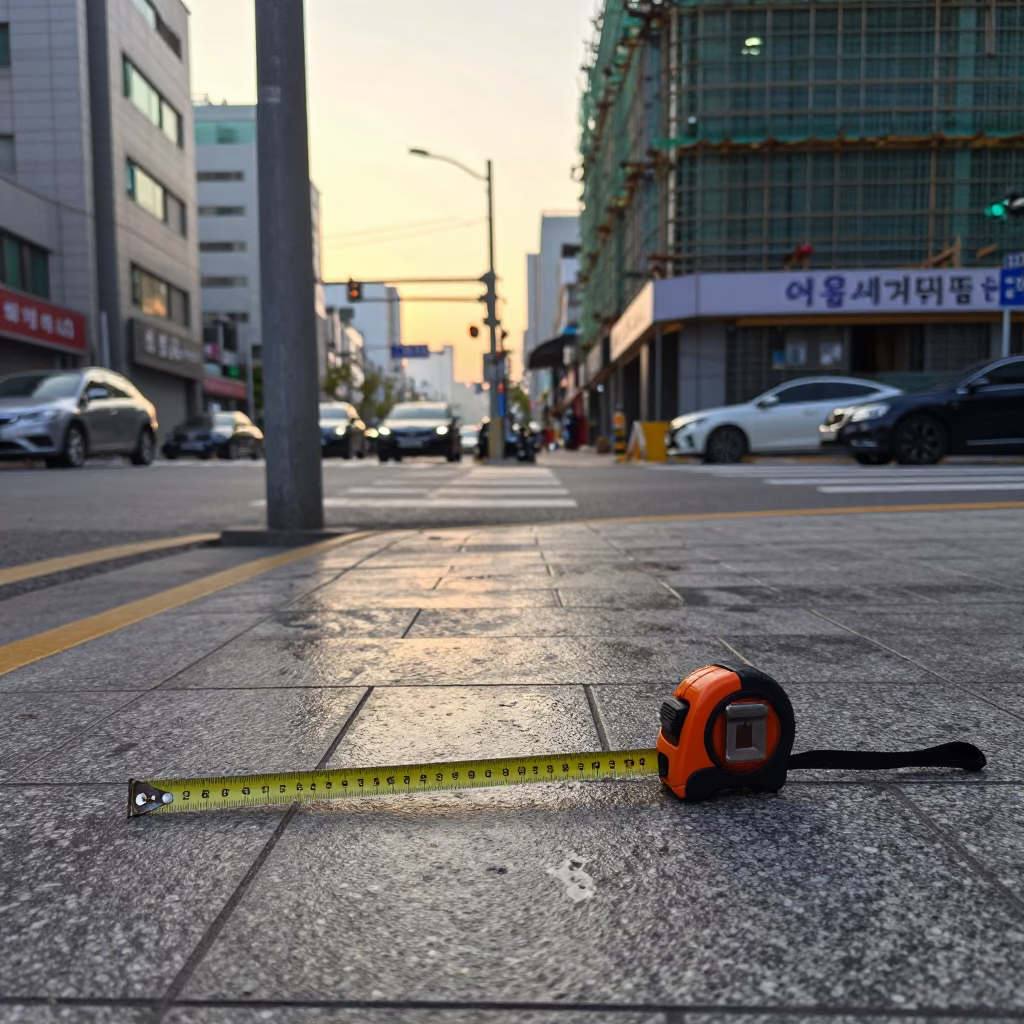 Early Morning Seoul Street Scene with Measuring Tapes and Urban Landscape in in Seoul, South Korea