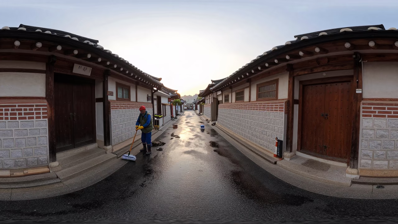 Early Morning Seoul Street Scene with Mops and Wet Pavement Just After Sunrise in in Seoul, South Korea