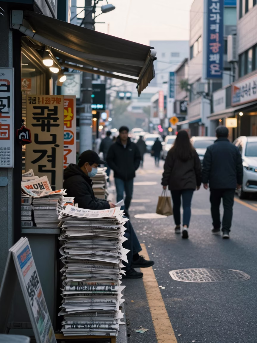 Early Morning Seoul Street Scene with Newspaper Stack and Vintage Items in in Seoul, South Korea