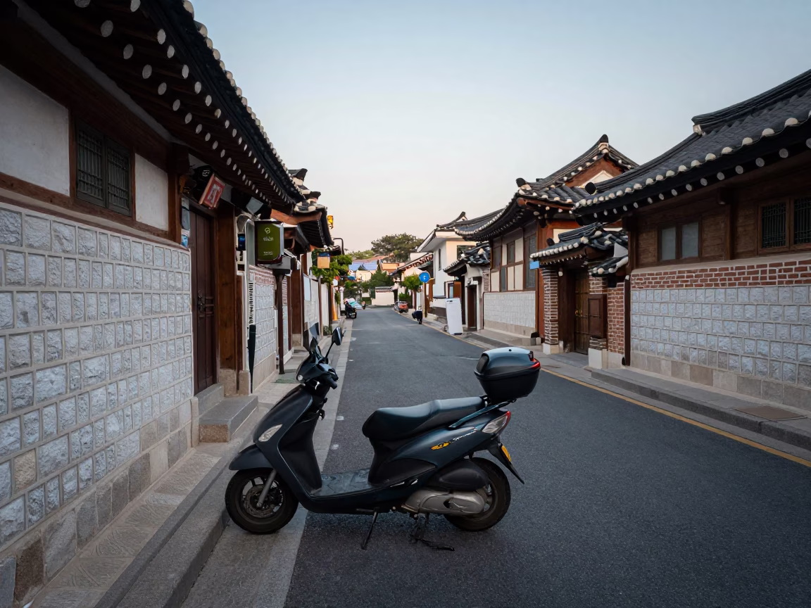 Early Morning Seoul Street Scene with Parked Scooter and Traditional Architecture in in Seoul, South Korea