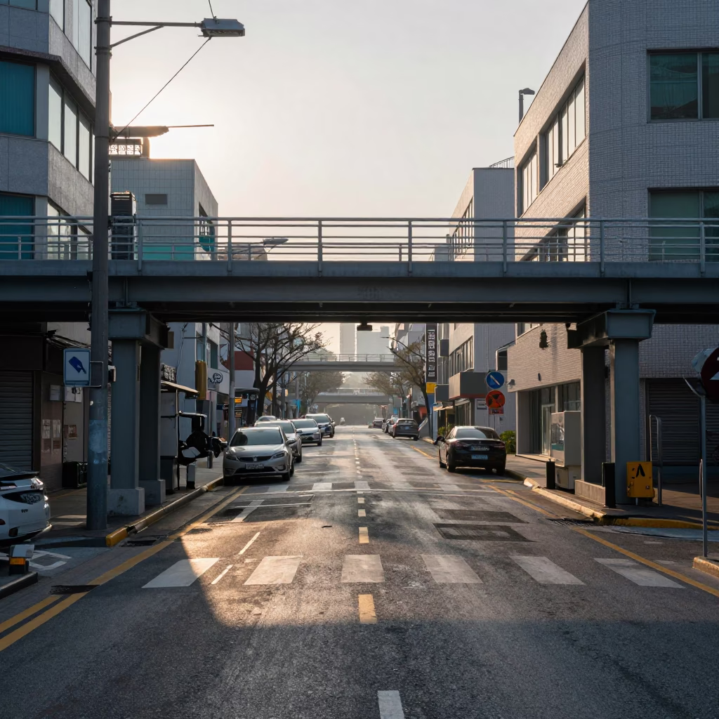 Early Morning Seoul Street Scene with Pedestrian Overpass and Wet Footsteps in in Seoul, South Korea