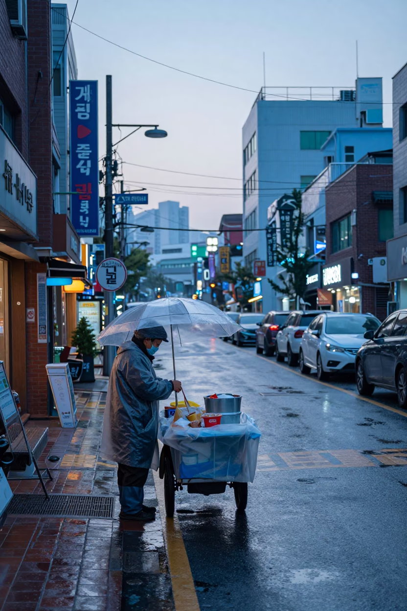 Early Morning Seoul Street Scene with Raincoats and Urban Architecture Before Sunrise in in Seoul, South Korea