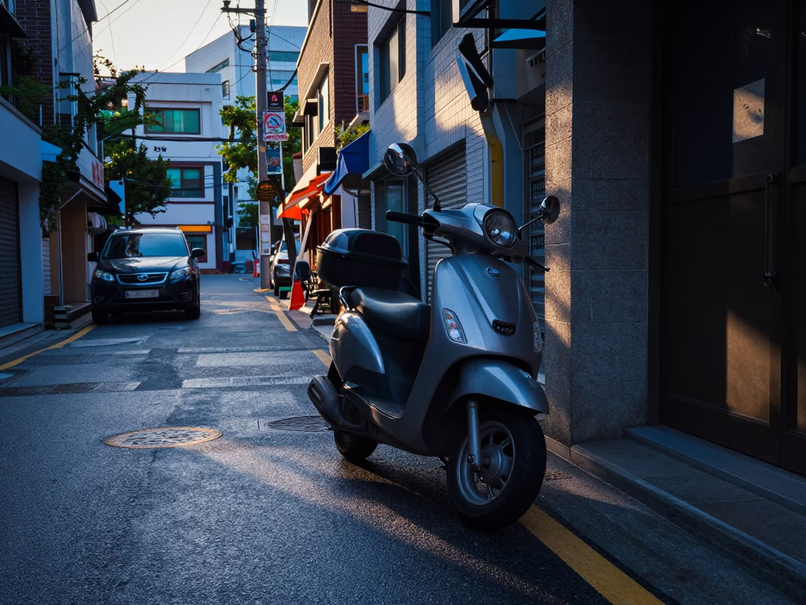 Early Morning Seoul Street Scene with Scooter and Urban Details at Dawn in in Seoul, South Korea