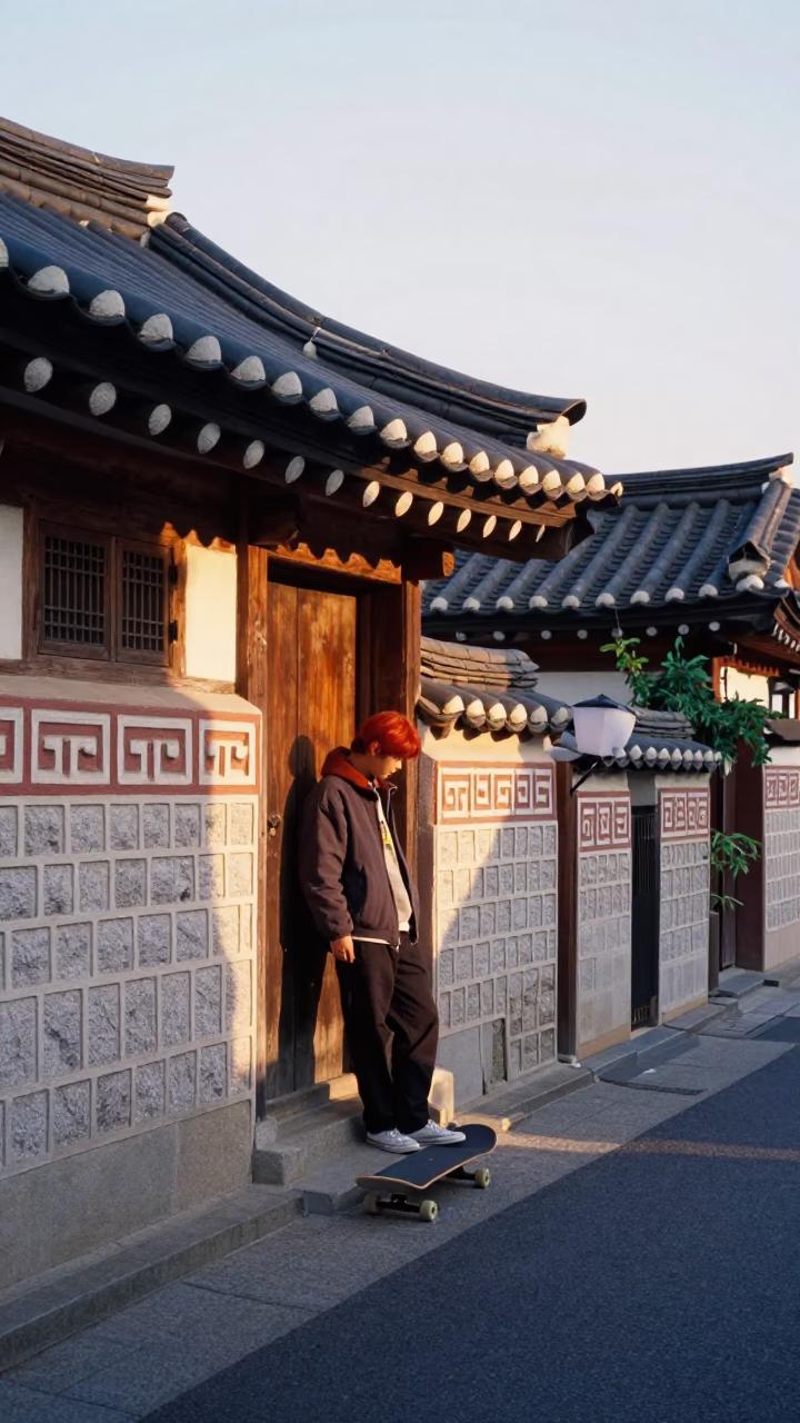Early Morning Seoul Street Scene with Skateboard and Ginger Cat at Dawn in in Seoul, South Korea