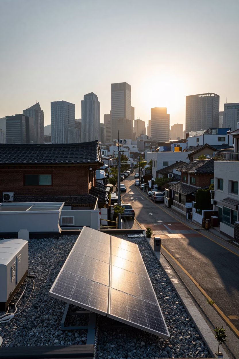 Early Morning Seoul Street Scene with Solar Panels and Commuter Footwear in in Seoul, South Korea