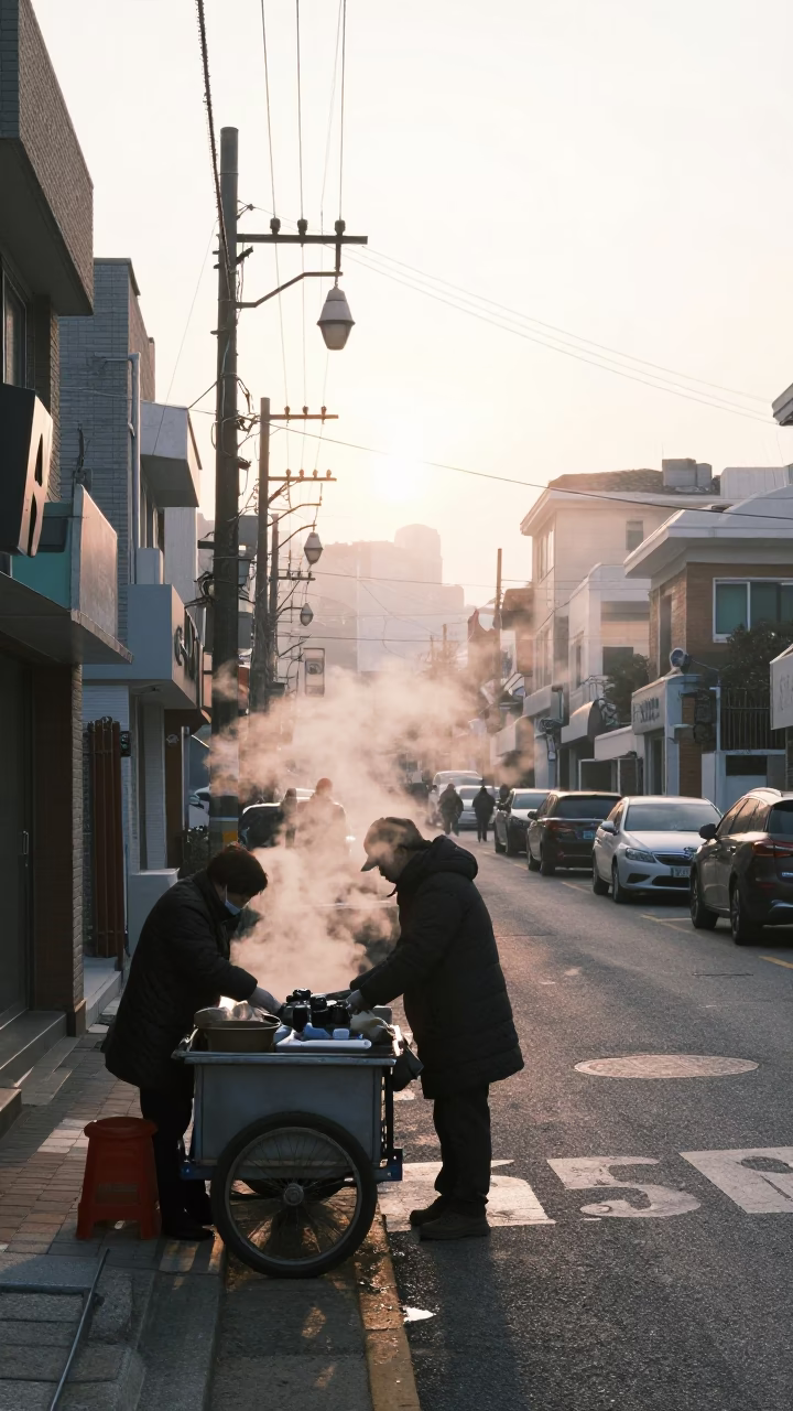 Early Morning Seoul Street Scene with Steam and Morning Light in in Seoul, South Korea