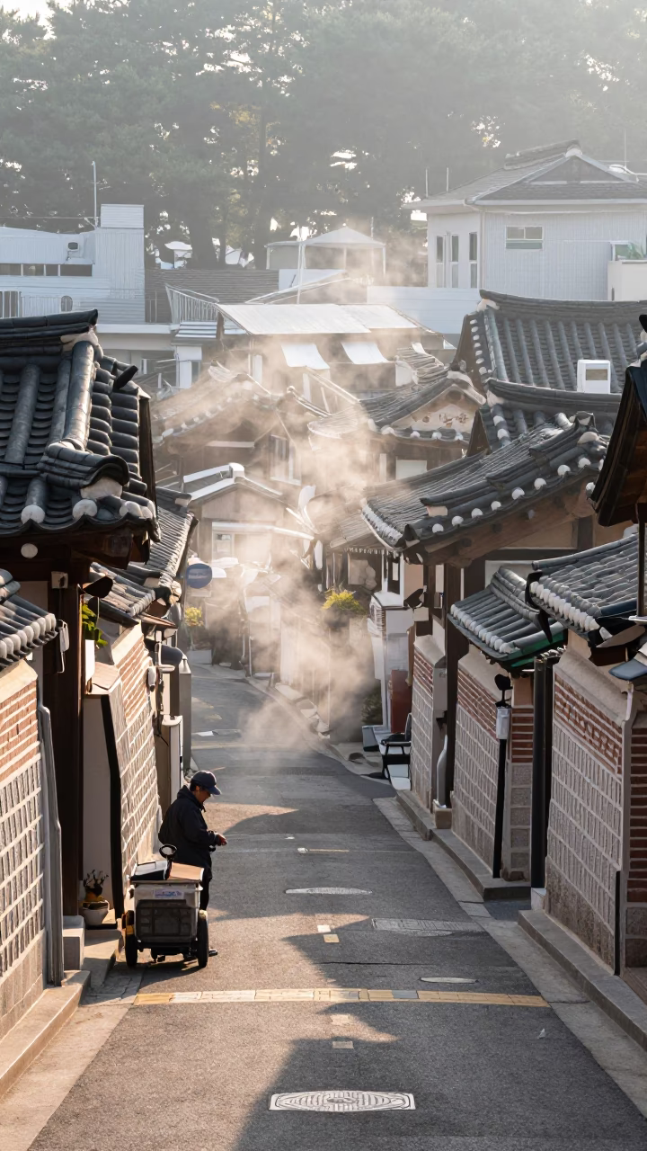 Early Morning Seoul Street Scene with Steam and Urban Life After Sunrise in in Seoul, South Korea